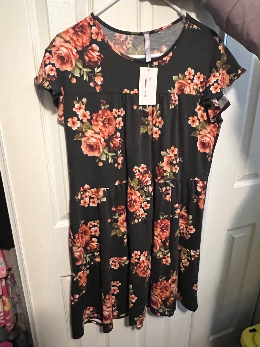 Floral Short Sleeve Swing Dress - Black with Rose Print